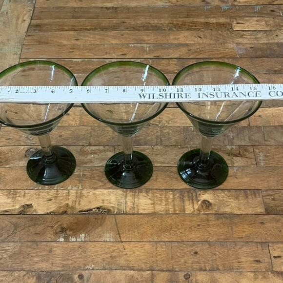 Mexican Hand Blown Martini Glasses Green Rim 7.25" Tall Set of 3 - Picture 9 of 11